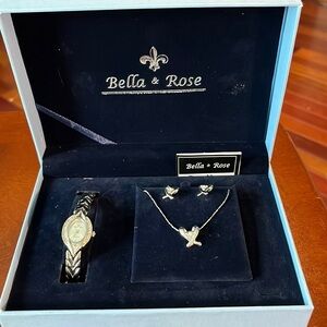 NIB Bella & Rose Watch gift set silver tone w/ rhinestones